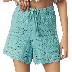 FARM RIO ANTHROPOLOGIE New Blue Crochet Knit Shorts Drawstring Liner Size Medium